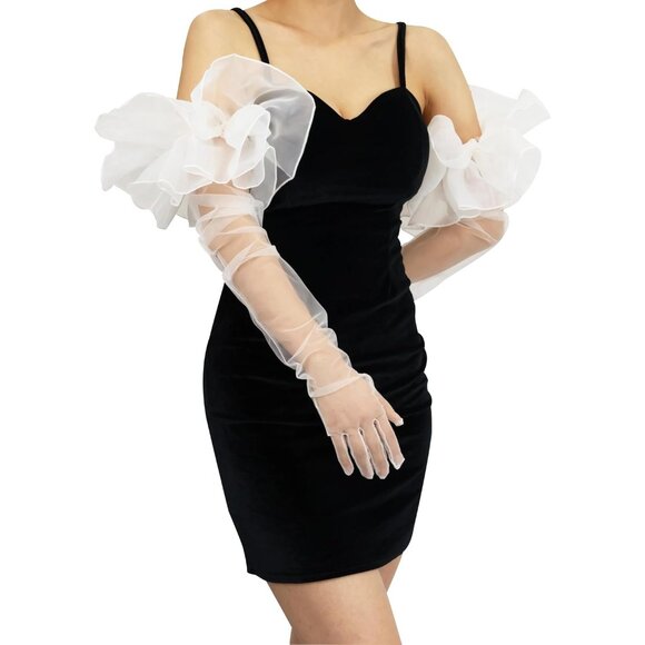 Women\'s Ruffle Navy Tulle Puff Mesh Sheer Long Sleeve Gloves Cocktail Prom